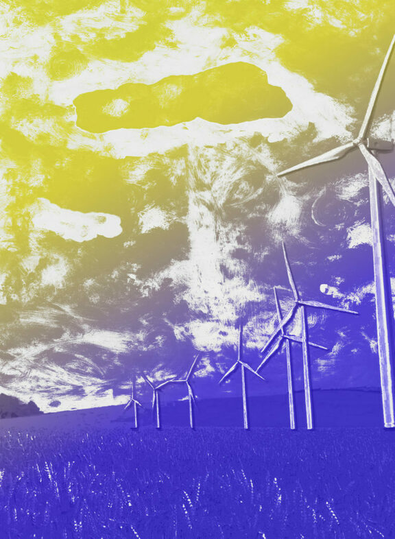 Affiche de "après les nuages" des scotcheuses. Représente une enfilade d'éoliennes industrielles dans un champ de blé, sous un ciel très nuageux